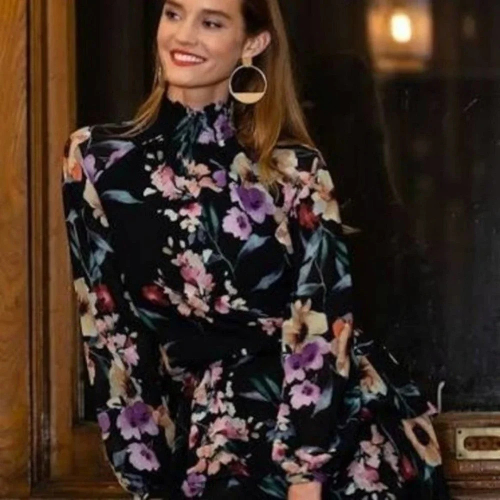 Yumi Kim Class Act Long Sleeve Floral Mock Neck Ruffle Mini Dress Black XS NWT - Picture 13 of 15